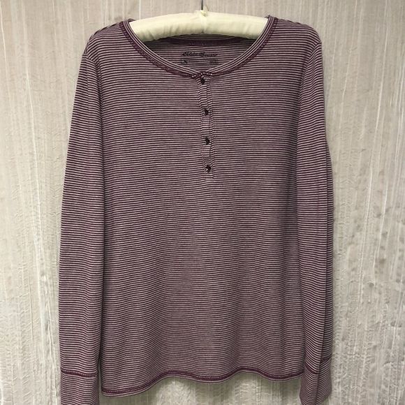Eddie Bauer Tops - Eddie Bauer XL Waffle Knit Button Front Purple Lavender Striped Thermal